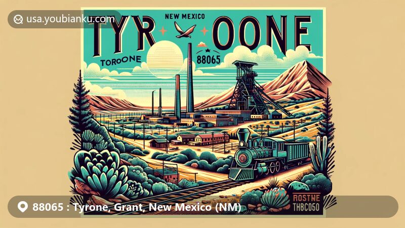 Modern illustration of Tyrone, Grant County, New Mexico, featuring Tyrone copper mine, Burro Mountains, and postal theme with ZIP code 88065, creatively integrating postage stamp and postal mark.