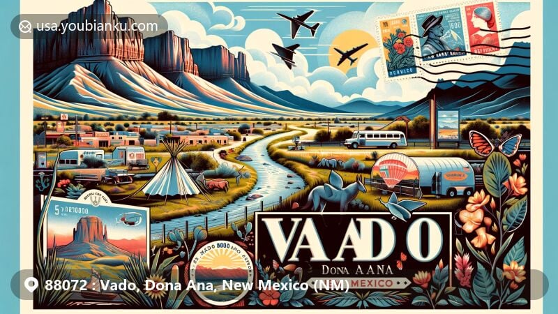 Modern illustration of Vado, Dona Ana, New Mexico, highlighting postal theme with ZIP code 88072, showcasing Mesilla Valley, Rio Grande, and Organ Mountains, with historical nods to the first all-African American settlement.