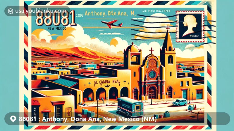 Modern illustration of Anthony, Dona Ana County, New Mexico, featuring Doña Ana Village Historic District, Catholic Church of Nuestra Señora de la Candelaria, El Camino Real, and New Mexico state symbols.