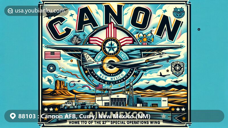 Modern illustration of Cannon AFB, Curry County, New Mexico, capturing the essence of the 88103 ZIP code area with base entrance sign, New Mexico outline, special operations aircraft, and symbolic elements of excellence.