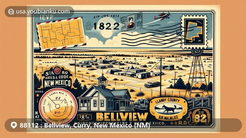 Modern illustration of Bellview, Curry County, New Mexico, showcasing ZIP code 88112 with vintage postcard design, incorporating geographical outline of Curry County and New Mexico, postal stamps, postmark, and High Plains location on Llano Estacado.