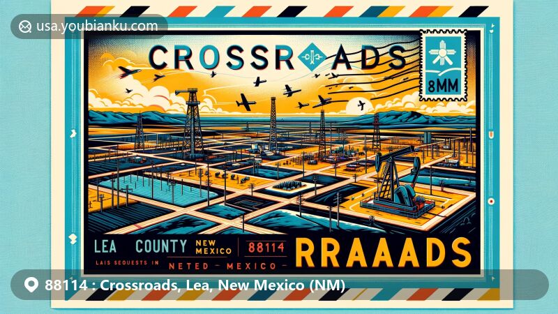 Modern postcard-style illustration of Crossroads in Lea County, New Mexico, featuring Permian Basin oil and gas production, with oil derricks and gas facilities against the southeastern landscape. Airmail envelope border with ZIP Code 88114 and New Mexico state flag.