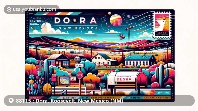 Modern illustration of Dora, Roosevelt County, New Mexico, showcasing postal theme with ZIP code 88115, featuring demographic characteristics and postal elements like stamp, postmark, and mailbox.