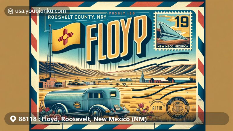 Modern illustration of Floyd, Roosevelt County, New Mexico, blending postal theme with ZIP code 88118, showcasing semi-arid landscape, rural charm, and New Mexico state symbols.