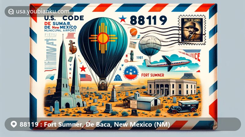 Modern illustration of Fort Sumner, De Baca County, New Mexico, featuring airmail envelope with ZIP code 88119, showcasing Billy the Kid Museum, Billy the Kid's grave, and high-altitude balloon program at Fort Sumner Municipal Airport.