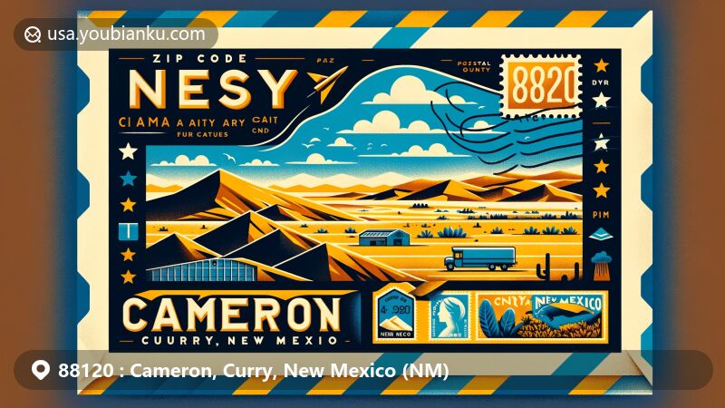 Modern illustration of Cameron, Curry County, New Mexico, presenting postal theme with ZIP code 88120, featuring semi-arid landscapes and rural charm.