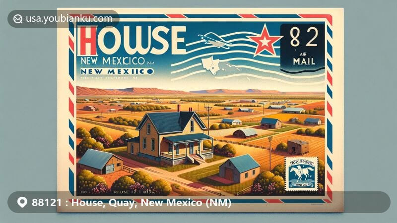 Modern illustration of House, New Mexico, featuring ZIP code 88121, showcasing a creative air mail envelope opening to reveal the picturesque town with vast ranches and farmlands under the expansive New Mexico sky.