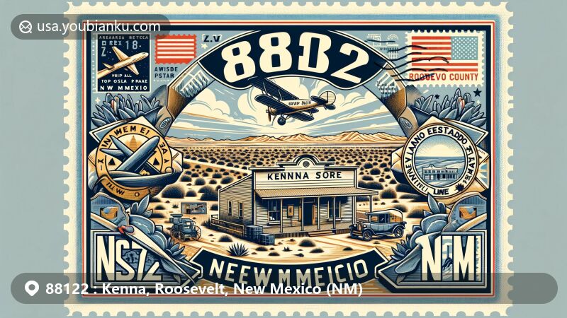 Creative illustration of Kenna, Roosevelt County, New Mexico, capturing the essence of ZIP code 88122 with iconic Kenna Store and New Mexico landscapes, vintage postal elements, and state symbols.