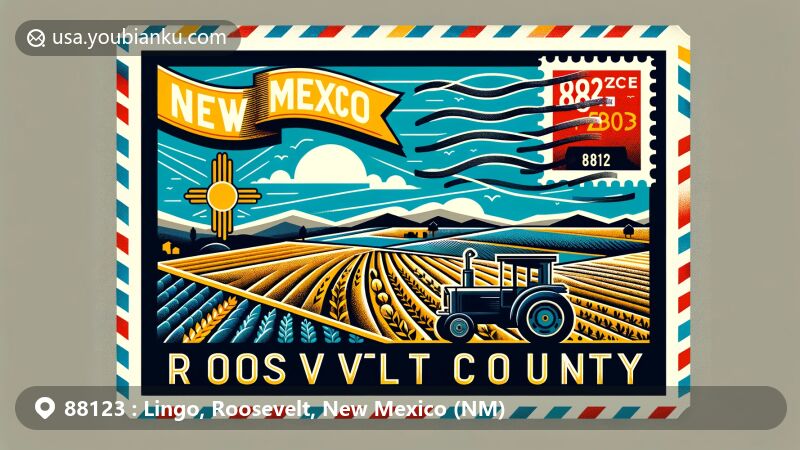 Modern illustration of Lingo, Roosevelt County, New Mexico, showcasing postal theme with ZIP code 88123, featuring New Mexico state flag, Roosevelt County silhouette, and rural agricultural elements.