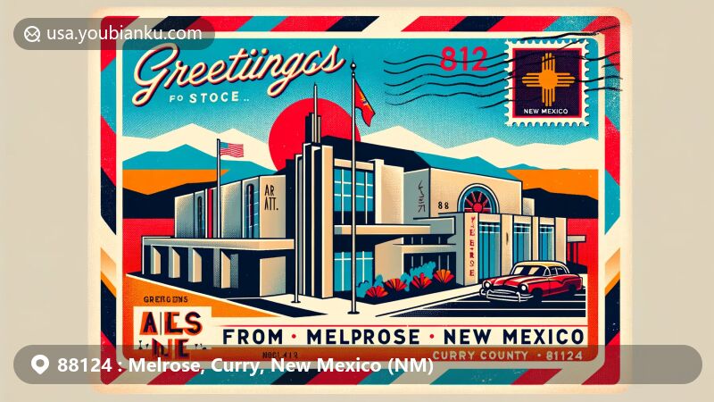 Modern illustration of Melrose, New Mexico, with a postcard design showcasing Melrose Art Center and New Mexico state flag, highlighting local history and cultural heritage.