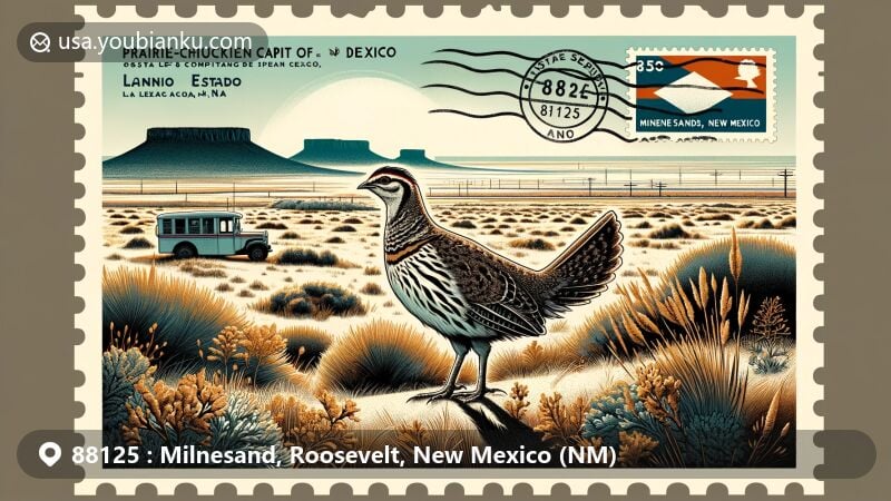 Modern illustration of Milnesand, Roosevelt County, New Mexico, showcasing prairie-chicken in shinnery oak prairie, with Llano Estacado mesa in the background, integrated with postal theme and state flag of New Mexico.