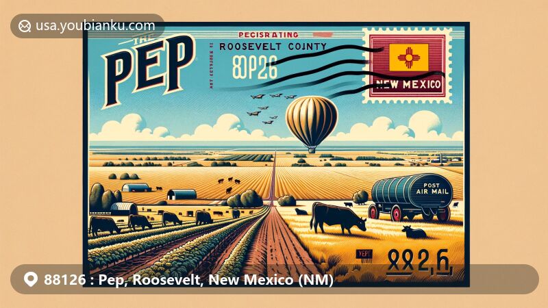 Modern illustration of Pep, Roosevelt County, New Mexico, capturing rural Americana with emphasis on farming and cattle ranching, set against vast farmlands and clear skies. Features vintage air mail envelope with New Mexico state flag, ZIP code 88126, and 'Pep, NM'.