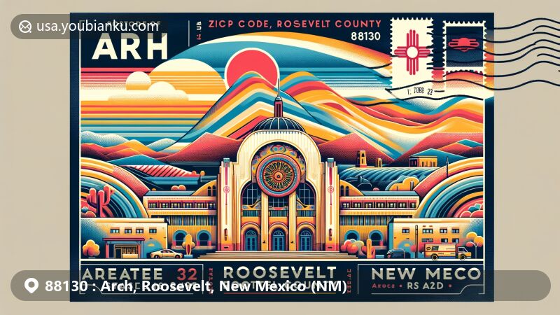 Modern illustration of Arch, Roosevelt, New Mexico, showcasing postal theme with ZIP code 88130, featuring New Mexico state flag, Roosevelt County landscape, and Portales community.