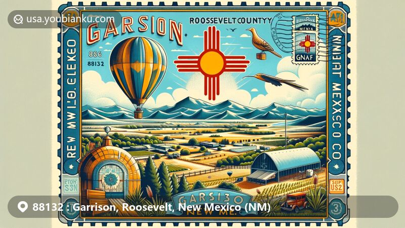 Modern illustration of Garrison, Roosevelt County, New Mexico, showcasing postal theme with ZIP code 88132, featuring New Mexico state aircraft, Albuquerque International Balloon Fiesta, Zia sun symbol, and vintage postal elements.