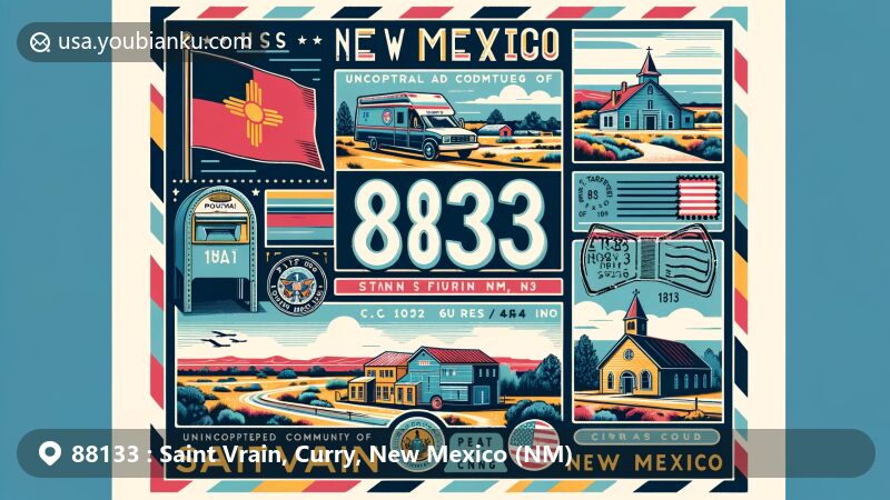 Modern illustration of Saint Vrain, Curry County, New Mexico, showcasing postal theme with ZIP code 88133, featuring a stylized depiction of the unincorporated community, the New Mexico state flag, and vintage postcard design elements.
