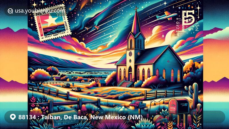 Modern illustration of Taiban, De Baca, New Mexico, highlighting ZIP code 88134, featuring Taiban Presbyterian Church and scenic landscapes, incorporating New Mexico state flag and postal elements.
