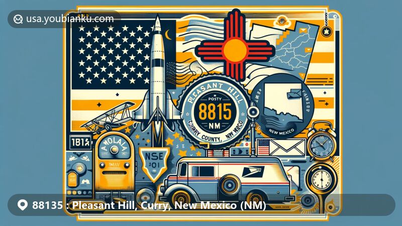 Creative illustration of Pleasant Hill, Curry County, New Mexico, with ZIP code 88135, featuring the flag of Curry County, stylized outline of New Mexico, vintage postage stamp, air mail envelope, and postal truck.