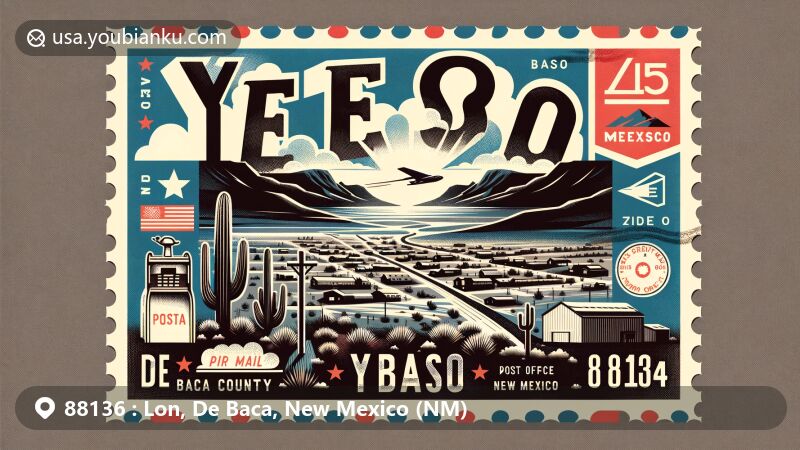 Modern illustration of Yeso, De Baca County, New Mexico, highlighting postal theme with ZIP code 88136, featuring desert landscape and post office, symbolizing the village charm.