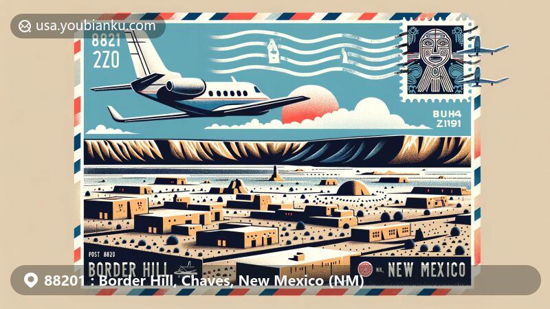 Modern illustration of Border Hill area, Chaves County, New Mexico, inspired by ZIP code 88201, featuring iconic landmarks like Petroglyph National Monument and Taos Pueblo, with subtle references to Chaves County history and New Mexico state flag.