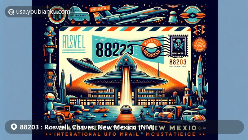 Modern illustration of Roswell, Chaves County, New Mexico, showcasing postal theme with ZIP code 88203, featuring UFO Museum, New Mexico Military Institute, and Chaves County landmarks.