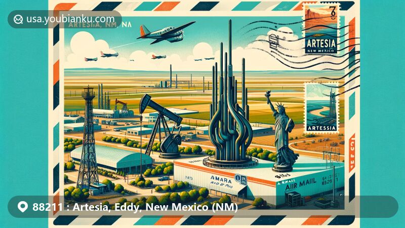 Modern illustration of Artesia, NM 88211, Eddy County, New Mexico, featuring postal theme with a vintage airmail envelope showcasing iconic city street sculptures, oil town history, and Pecos River landscape.