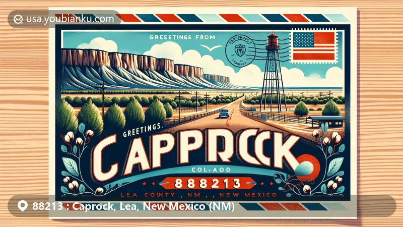 Modern illustration of Caprock, Lea County, New Mexico, showcasing a creative postcard design with high plains landscape, cottonwoods, and geological formations, featuring New Mexico state flag and KOBR-TV Tower.