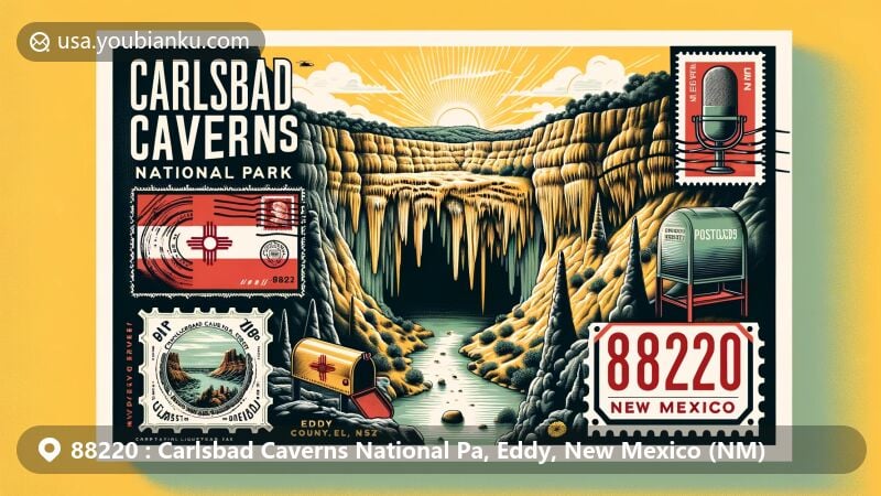 Creative postcard design for Carlsbad Caverns National Park in Eddy County, New Mexico, featuring iconic entrance or spectacular stalactites and stalagmites, incorporating New Mexico state flag and postal elements with ZIP Code 88220.