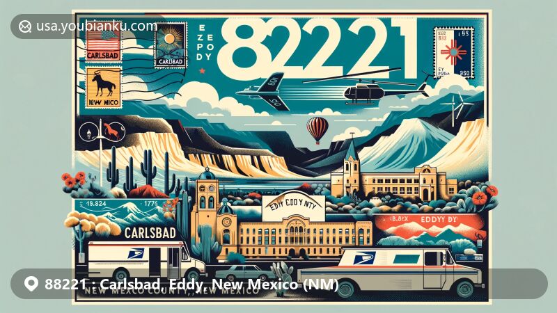 Modern illustration of Carlsbad, Eddy County, New Mexico, featuring landmarks like Carlsbad Caverns National Park, the Pecos River, and Brantley Lake State Park, set against the Chihuahuan Desert and Guadalupe Mountains, with postal elements and ZIP code 88221.