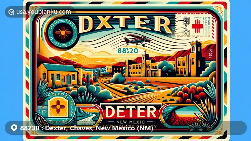 Modern illustration of Dexter, New Mexico, highlighting ZIP code 88230 and Dexter Demon Field in a postcard style, surrounded by the beauty of Chaves County, featuring the Pecos River and desert landscape.