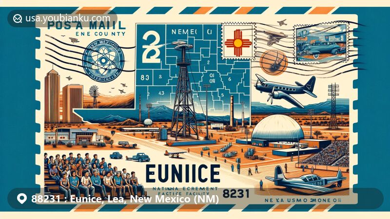 Modern illustration inspired by ZIP code 88231, representing Eunice, Lea County, New Mexico, with a design resembling an air mail envelope. Features Lea County outline, URENCO USA facility, sports achievements, and New Mexico symbols.