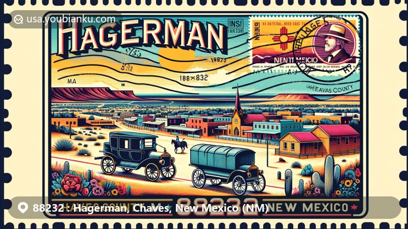 Modern interpretation of Hagerman, Chaves County, New Mexico, with desert landscape, Pecos River, Hagerman Barracks, vintage postage elements, and New Mexico state flag.