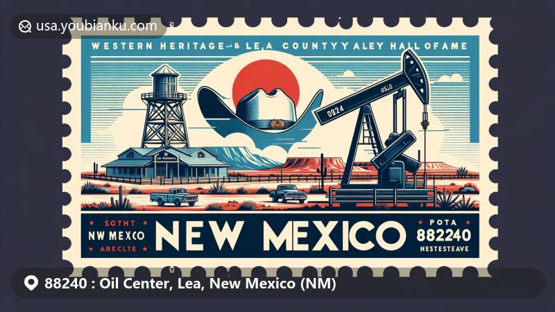 Modern illustration of Oil Center, Lea County, New Mexico, with postal theme highlighting ZIP code 88240, featuring Western Heritage Museum, Lea County Cowboy Hall of Fame, and iconic oil derrick.