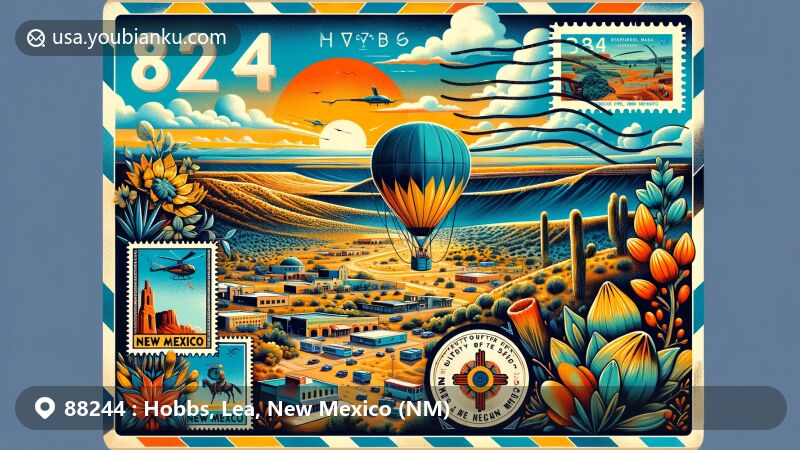 Modern illustration of Hobbs, New Mexico, ZIP code 88244, blending high desert landscapes, cultural landmarks like University of the Southwest and New Mexico Junior College, and state symbols like hot air balloon and green chile.