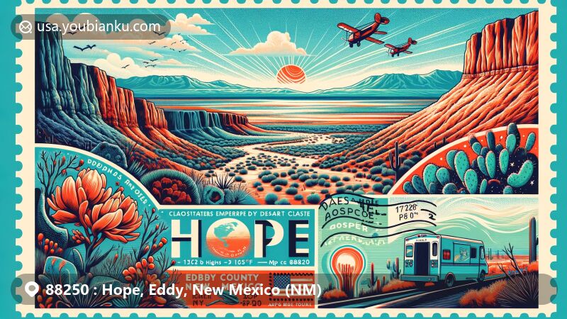 Modern illustration of Hope, Eddy, New Mexico (NM) showcasing postal theme with ZIP code 88250, featuring desert landscape, extreme temperature ranges, and Carlsbad Caverns National Park.