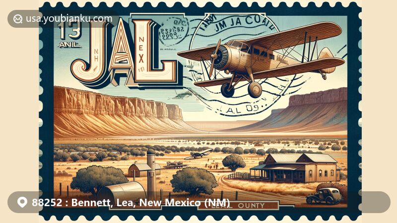 Creative illustration of Jal, New Mexico, in Lea County, blending postal themes with semi-arid landscape, featuring postal stamp with 'Jal, NM 88252' and Lea County map enveloped in rustic charm of the American Southwest.