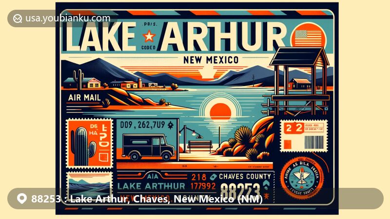 Modern illustration of Lake Arthur, Chaves County, New Mexico, with postal theme and ZIP code 88253, showcasing serene desert landscape, Pecos River, State Road 2, community atmosphere.