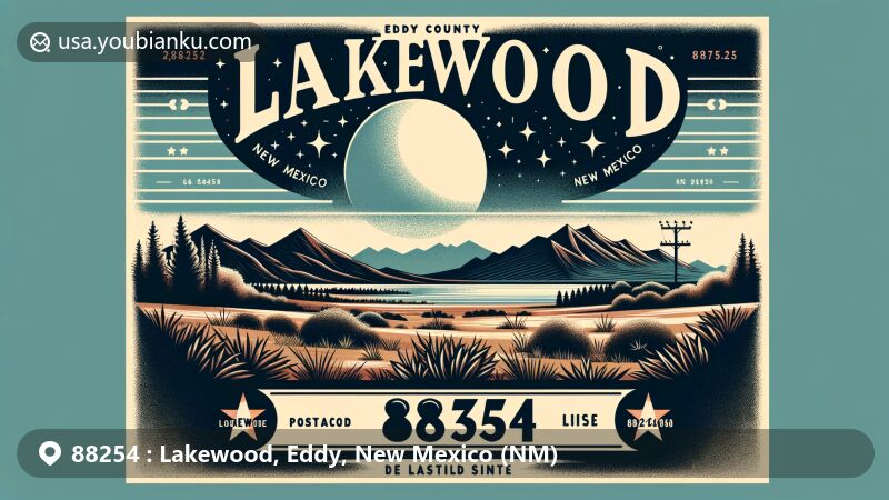 Modern illustration of Lakewood, Eddy County, New Mexico, with ZIP code 88254, featuring iconic desert landscapes, mountain views, and a vintage postcard layout.