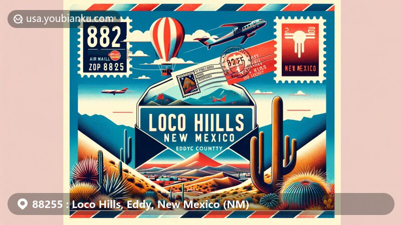 Modern illustration of Loco Hills, Eddy County, New Mexico, showcasing postal theme with ZIP code 88255, featuring desert landscape, cacti, and state symbols.