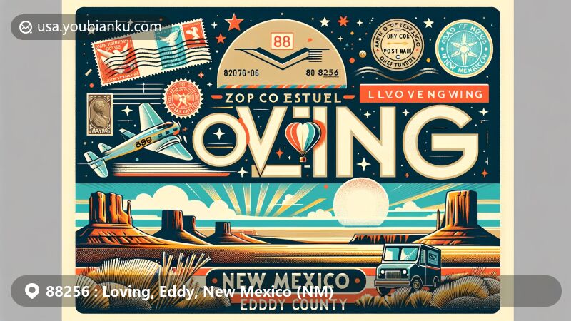 Modern illustration of Loving, Eddy County, New Mexico, showcasing postal theme with ZIP code 88256, featuring vintage air mail envelope with stamps and postmark. Includes geographic elements like skies, mesas, and buttes, and symbols of New Mexico.