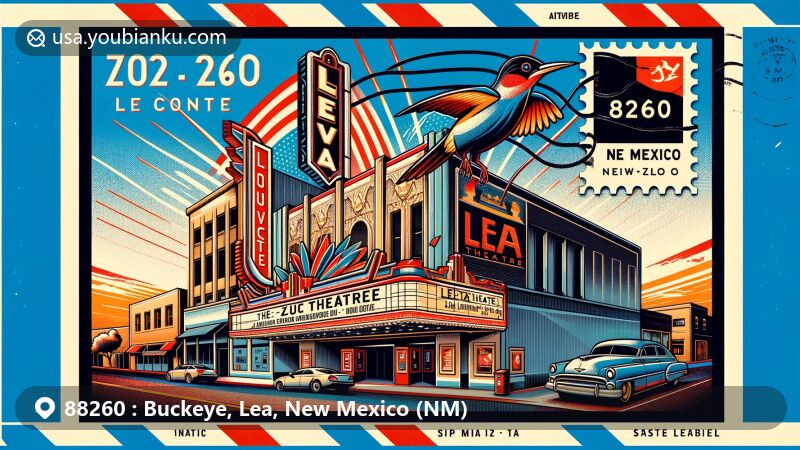 Colorful illustration of ZIP code 88260 in Buckeye, Lea County, New Mexico, featuring Lea Theatre in downtown Lovington within an air mail envelope. Postal theme highlights the state bird, roadrunner, and New Mexico state flag.