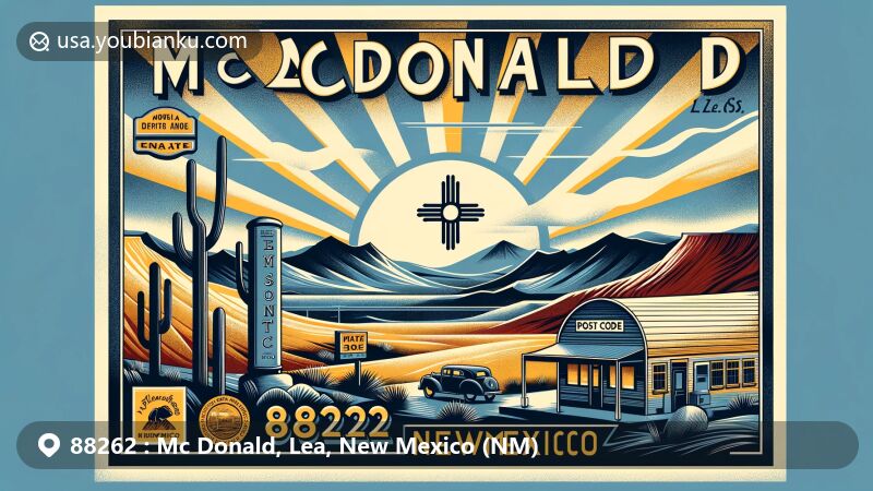 Modern illustration of McDonald, Lea County, New Mexico, with desert landscapes and New Mexico state flag, honoring the area's natural beauty and history, including nods to its founding in 1912. Postal elements like airmail borders and vintage stamps enhance the design.