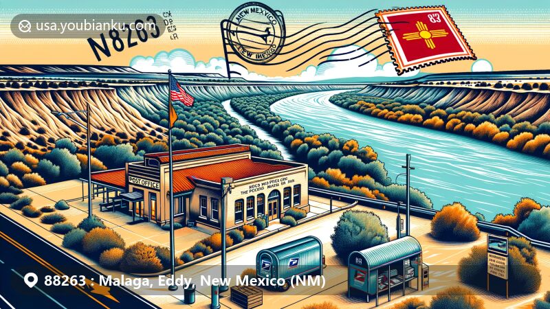 Modern digital illustration of Malaga, Eddy County, New Mexico, featuring the local post office, Malaga Bend, and New Mexico cultural symbols, with vintage postal theme and ZIP code 88263.