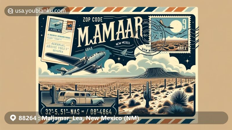 Modern illustration of Maljamar, Lea County, New Mexico, inspired by postal theme with ZIP code 88264, showcasing desert landscape and vintage airmail motif.