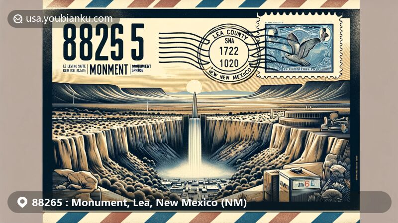 Modern illustration of Monument, Lea County, New Mexico, resembling an air mail envelope with ZIP code 88265, featuring Monument Springs and a stylized map of Lea County.