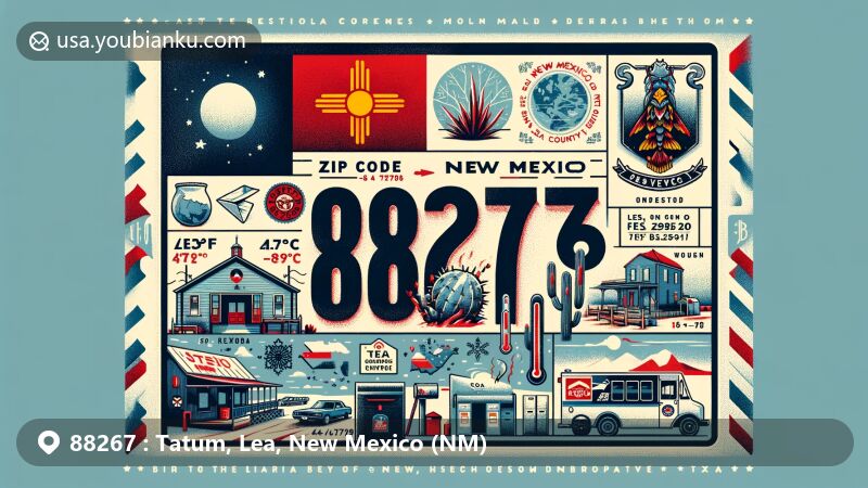 Modern illustration of Tatum, Lea County, New Mexico, depicting its cold semi-arid climate and small-town charm, featuring extreme temperature variations and postal-themed elements with ZIP code 88267 and New Mexico state flag.
