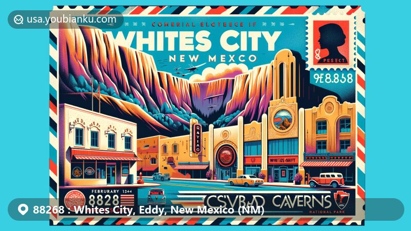 Illustration of Whites City, Eddy County, New Mexico, featuring adobe-style buildings and Carlsbad Caverns National Park, with a nod to the state flag and postal theme.