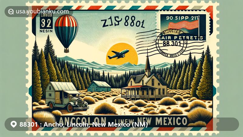 Contemporary illustration of Ancho, Lincoln County, New Mexico, depicting postal theme with ZIP code 88301, showcasing Lincoln National Forest, Lincoln Historic Site, and desert hamlet setting.