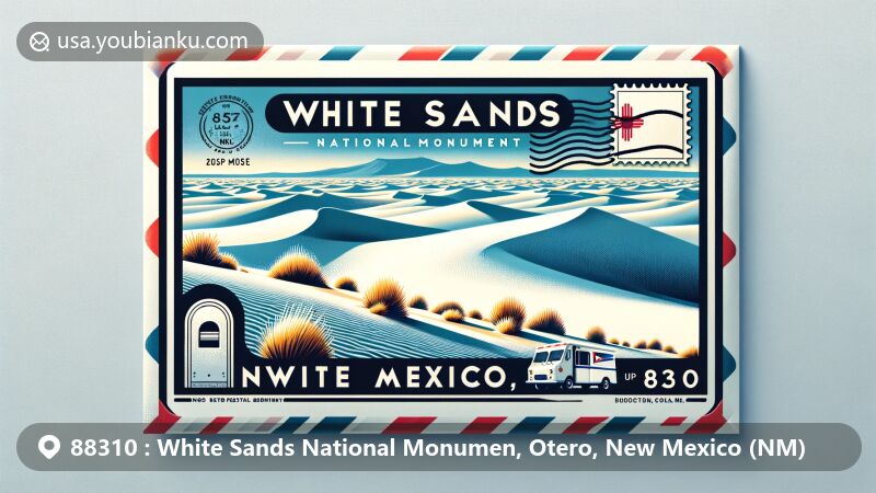 Creative illustration of White Sands National Monument, Otero County, New Mexico, with airmail envelope design, featuring white gypsum sand dunes and New Mexico state flag.