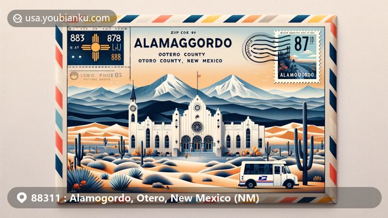 Modern illustration of Alamogordo, Otero County, New Mexico, featuring unique postal theme with ZIP code 88311, showcasing Sacramento Mountains, White Sands National Park, Woman’s Club building, Chihuahuan Desert, and Tularosa Basin.