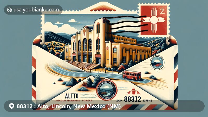 Modern illustration of Alto, Lincoln County, New Mexico, depicting ZIP code 88312 and showcasing high elevation, natural beauty of Lincoln National Forest, and Spencer Theater as cultural landmark. Features vintage air mail envelope, stamp with New Mexico state flag, and postmark with ZIP code 88312.